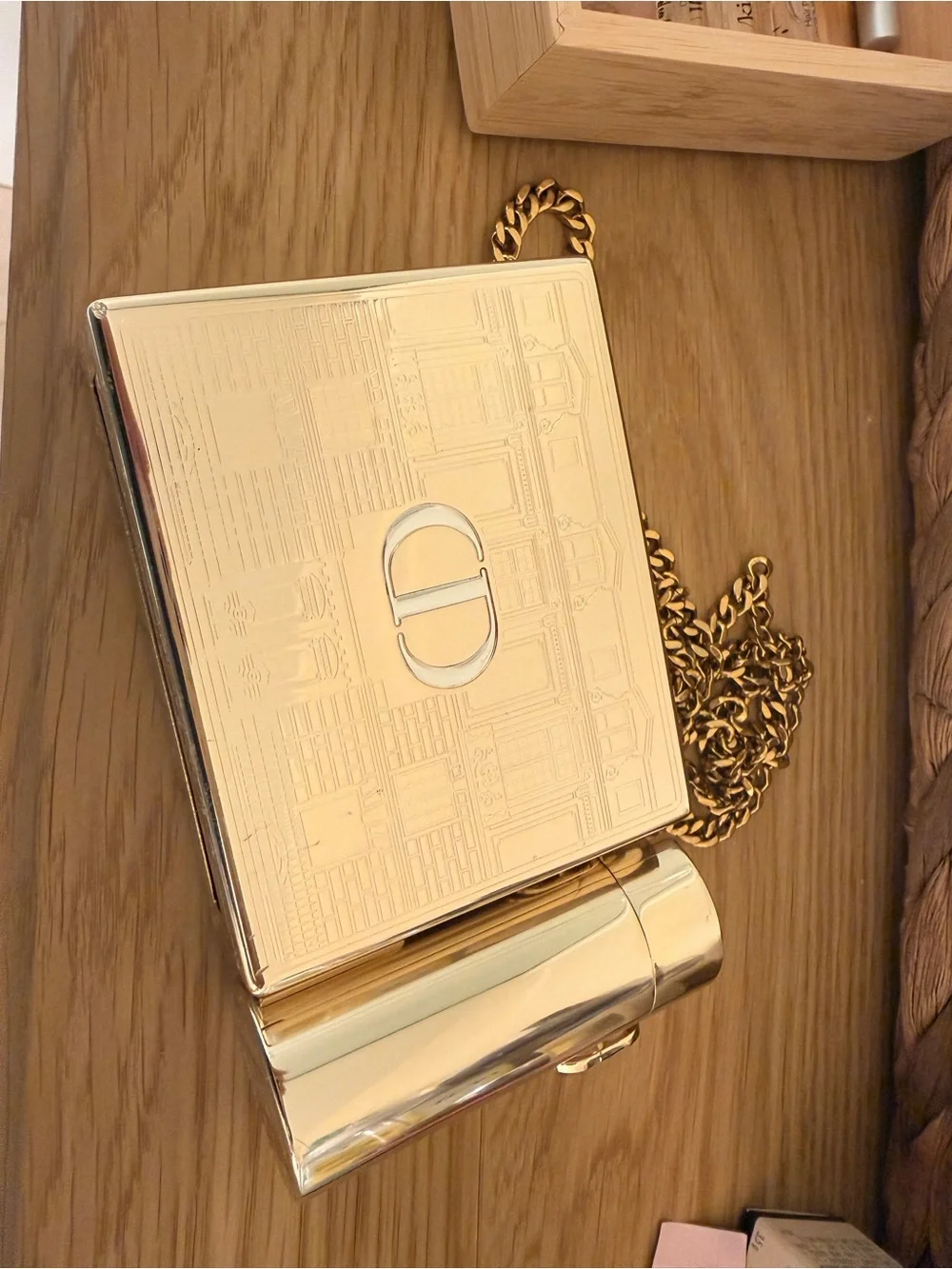 Dior Metallic Gold Box Clutch with Cylindrical Accent and Chain